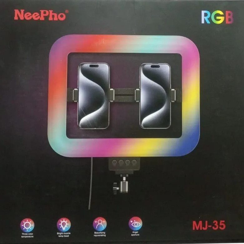 NeePho MJ-35 RGB Ring Light | Large Square Ring Light with Dual Phone Holders | 16 RGB Colors + 3 Light Modes | For TikTok, YouTube, Live Stream